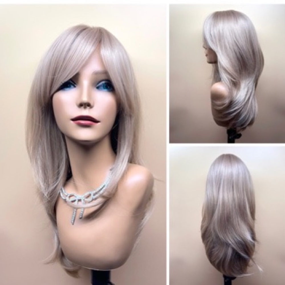 24” Ash blonde body wavy multiple layers long bangs synthetic wig